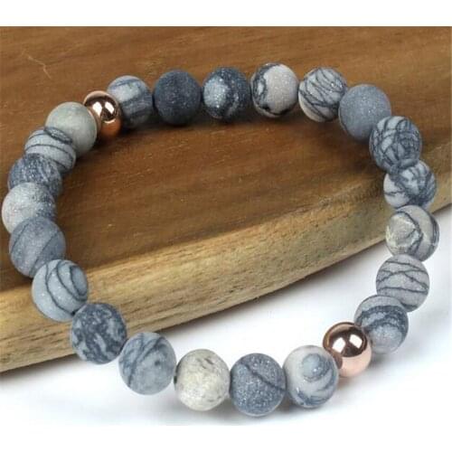 8MM Black Stripe Stone Gemstone Mala Bracelet 7.5 inches Unisex Reiki Cuff Stretchy Tibet Silver Energy Pray Spirituality