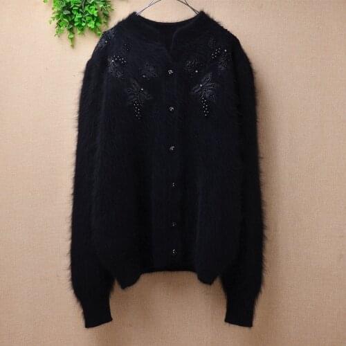 Elegant vintage ladies women angora rabbit hair knitted long sleeves beading embroidery loose cardigans fall winter jacket coat