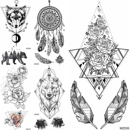 Geometric Rose Temporary Tattoo Black Henna Mandala Flower Tatoo For Women Men Body Art Tatoo Fake Dreamcatcher Wolf Tatoo Decal