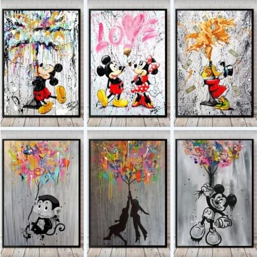 Graffiti Art Disney Anime Canvas Painting Street Pop Art Poster Print Wall Art Mickey Mouse with Colors Balloon Picture Kid Room