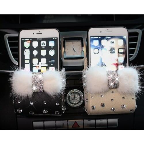 Crystal Diamond Plush Bow Car Outlet Air Vent Trash Box Mobile Phone Holder Organizer Crystal Hanging Storage Bag Car Styling