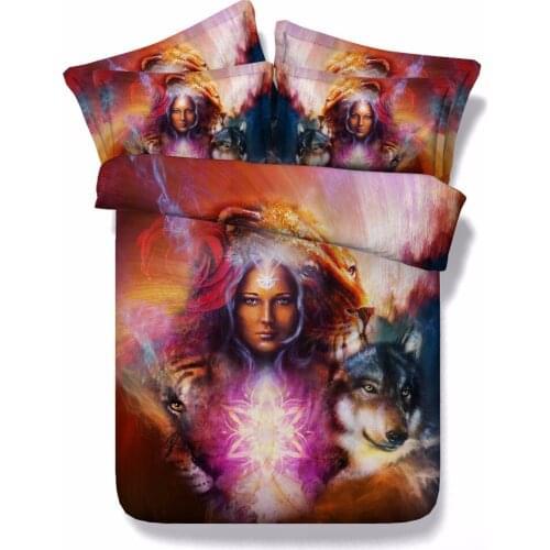 3D HD Digital Printing Witch with Wolf Bedding Set, Oil Fantasy Mystery Woman Home Decor,Modal Cotton Duvet Cover Set Bedclothes