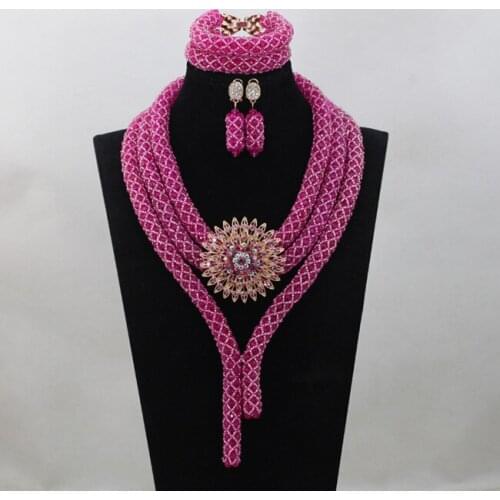 Chunky African Fushia Pink Crystal Wedding Jewelry Set Nigerian Beads Indian Bridal Necklace Jewelry Sets Free Shipping ANJ112
