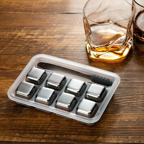 8pcs 304 Stainless Steel Ice Cubes Reusable Food Grade Chilling Stones with Tongs Whiskey Wine Fast Cooling Cold Longer Tool