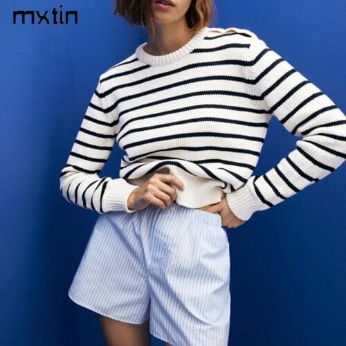 MXIN 2021 Women Fashion Elegant Stripes Knitted Pullover Sweater Vintage Loose O Neck Long Sleeve Female Jumper Casual Tops