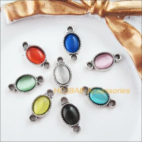 New 24Pcs Tibetan Silver Tone Retro Oval Mixed Cat eye Stone Charms Connectors 8.5x16.5mm