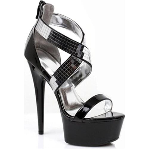 Sexy 15cm heels, 6in sequined vamp sandals, party stiletto sandals