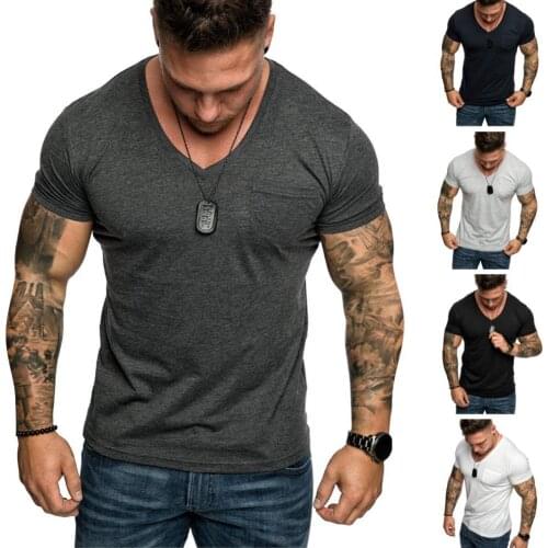 Casual Men Solid Color Short Sleeve V Neck Slim-Fit Fitness T-Shirt Blouse Top