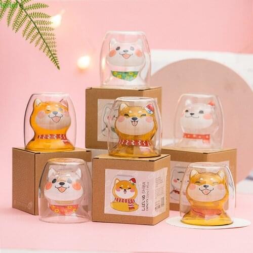 Lovely cartoon Corgi Shiba Double Wall Glass Coffe Wine Tea Milk Water Cup Creative Healthy Beverage Transparent Mug