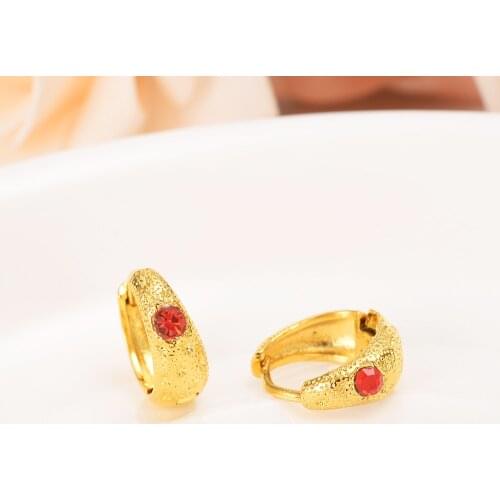 Red Zircon Earring Luxury 18 k Solid G/F Gold crystal Fine earrings Lovely Kid Girls Security Safety CZ Princess