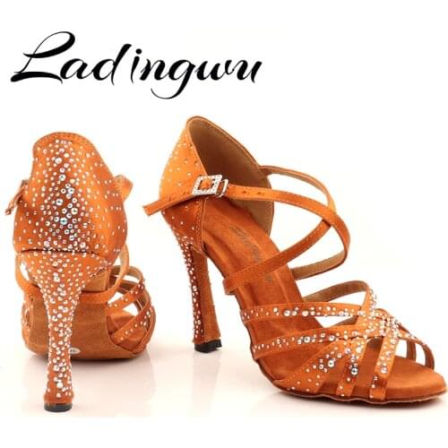 Ladingwu Women Party Dance Shoes Silk Satin Shining Rhinestones Soft Bottom Latin Dance Shoes Woman Salsa Dance Shoes Custom Hee