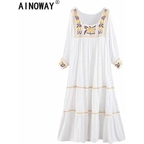 Vintage chic women floral embroidery beach Bohemian maxi dress Ladies linen cotton Summer Boho dress vestidos