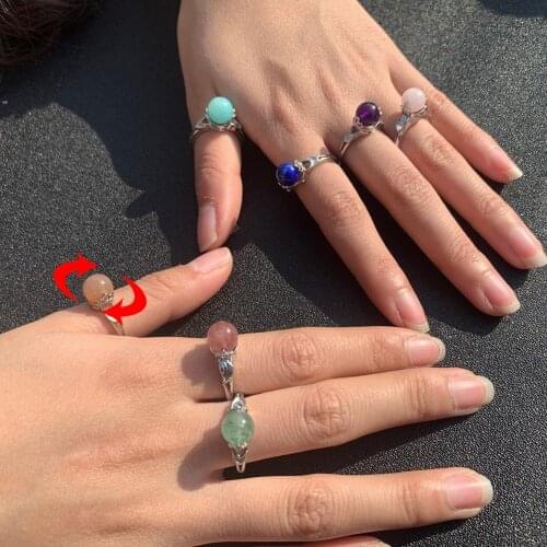 Rotatable Natural Stone Open Rings for Women Girls Amethyst Tigereye Crystal Wedding Rings Adjustable Handmade Gifts Party