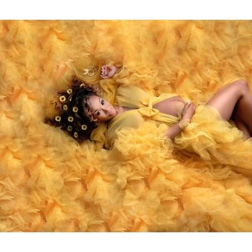 Bright Yellow Long Tulle Maternity Dresses For Photoshoots Ruffles Tiered Long Mesh Tulle Robe See Thru Women Dress