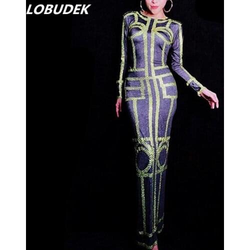 Green Crystal Long Sleeve Black Dress Party Prom Birthday Celebration Sexy Fashion Star Singer Host Stage Outfit One Piece Dress