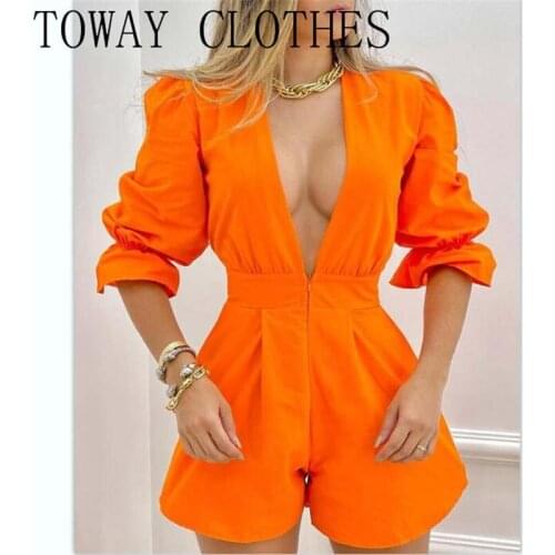 Puff Sleeve Plunge Zipper Pocket Design Romper Women Solid Casual Puff Sleeve Deep V neck Zipper Asymmetrical Sexy Rompers