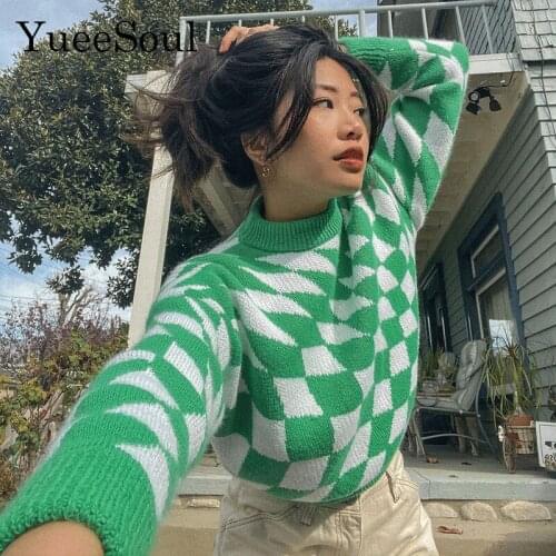 Plaid Print Woman Sweater 2021 Autumn Winter New O Neck Knitted Pullovers Vintage Y2K Aesthetic Chic Cute Loose Jumper Female