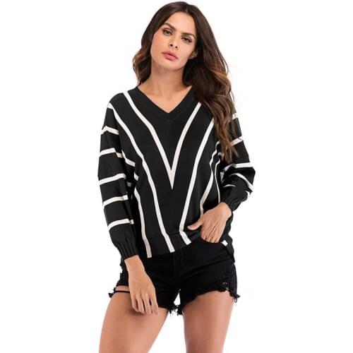 Bat sleeve Knit Sweater Women 2019 Spring Autumn Striped V-neck Pullover Sweaters Female Loose Bottoming shirt Casual Tops H749