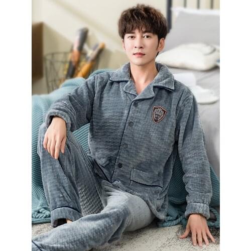 Winter Mans Coral Fleece Pajamas 2 Pieces Lounge Sleepwear for Men Pijama Bedgown 2021 Home Clothes PJ Grey Warm Thicken Pajama