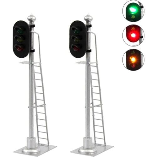 2pcs Model Railway Signals O Scale 1:43 Green Yellow Red Block Signal Traffic Light Silver Post with Ladder