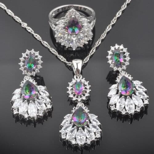 2021 New Dazzling Multicolor Rainbow Zirconia Womens Silver Color Jewelry Sets Earrings Pendant Necklace Rings QZ0480
