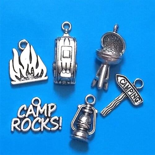 MIXED 30pcs Antique Silver Plated Camping Charms Collection Camper Trailer Camp Rocks Lantern Fire Grill Road Sign diy Pendant