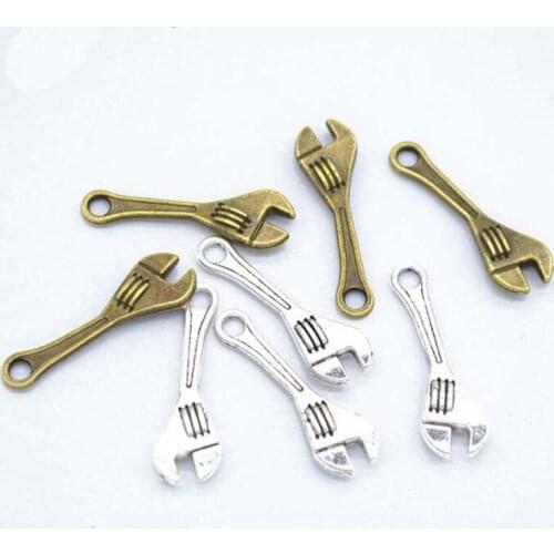 High Quality 50 Pieces/Lot 8mm*25mm Antique Silver Plated Small Wrench Spanner Tool Charm For Jewelry Making