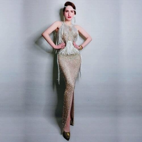 Sparkly Rhinestones dress Front split Nude fringe Dress Sexy Full Stones Long Dress Costume Prom Birthday Celebrate Dresses