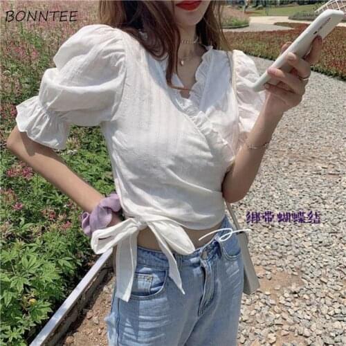 Blouses Women White Stylish Elegant Solid Design V-Neck Popular All-match Classy College Flare Sleeve Slim Lovely BF Streetwear