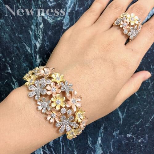 Newness Luxury Flowers Leaf Three Tone Copper Engagement Party Gift Bracelets Bangle And Ring Set For Women