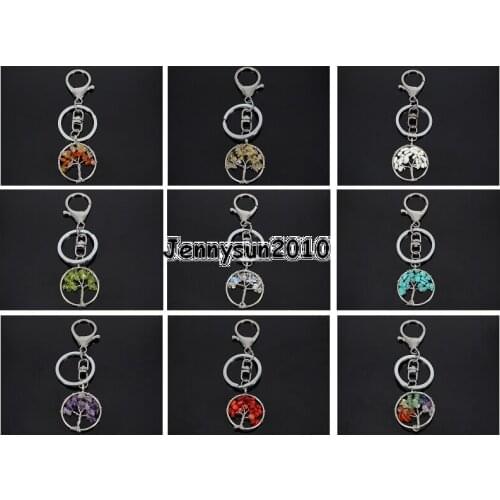 Natural Gems Stone Tree of Life Charm Beads Silver Plated Key Ring Healing Jewelry Design 5Pcs/Pack