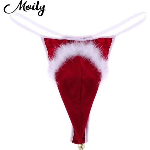 Red Mens G-string Thong Sexy Erotic Lingerie Sissy Briefs Panties Velvet Santa Hat Christmas Holiday Fancy Cosplay Man Underwear