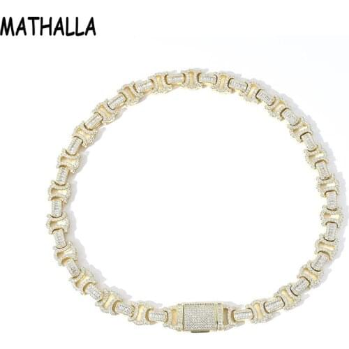 MATHALLA Hiphop Brass 13mm Paved Cubic Zircon X Shaped Chain Necklace Gold Iced Out CZ Bowknot Link Chain Jewelry Homme Joyas