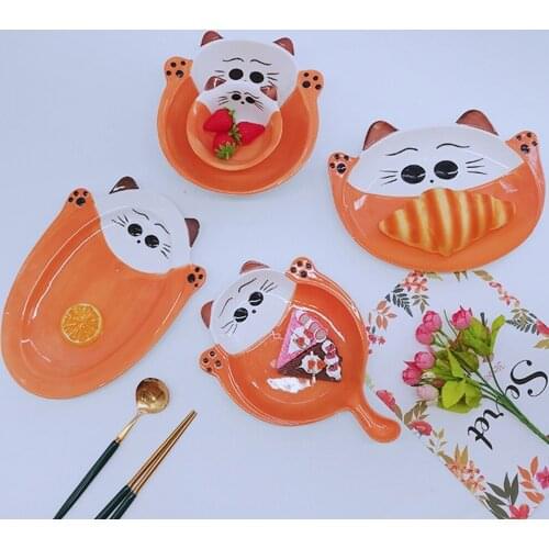 Cartoon Tableware Rice Bowl Household Fish Plate Vegetable Bowl Soup Bowl Lucky Cat Series Hand-painted Underglaze Plates