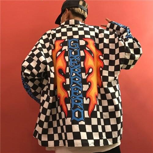 Spring and autumn new loose black and white check back flame shirt for men and women