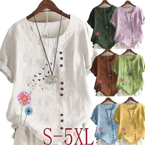New Arrival Summer Fashion Womens Dandelion Printed Linen T-shirt Casual Loose Round Neck Short Sleeve Shirt Blouse Tops