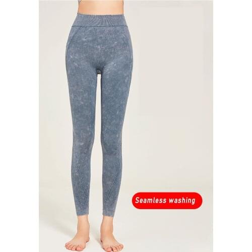 New sports seamless yoga pants pocket print wash high stretch tight high waist fitness pants