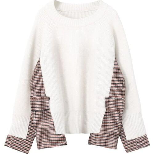 Autumn Women Sweater Lattice Patchwork Fake Two Pieces Wool Pullovers Japan Style Women Color Matching Asymmetry Jumpers