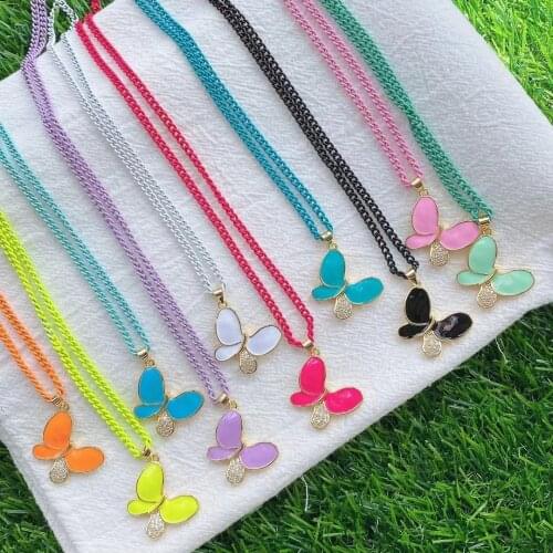 5Pcs Hot Colorful Enamel Butterfly Pendant Necklace Neon Curb Chain Choker Statement Necklaces Women Party Charm Jewelry Gifts
