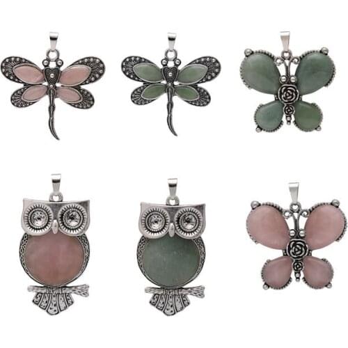 New Women Real Natural Rose Stone 3d Owl butterfly dragonfly Pendant Quartz Malachite Stone Pendant For Necklace Jewelry