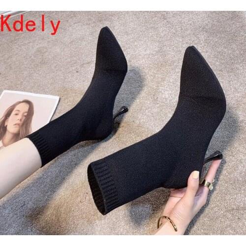 Simple Fashion Stretch Socks Boots Womens High Heels Shoes Knit Socks Boots Skinny Women Pointed Autumn and Winter Bare Boots