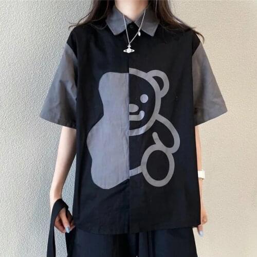 Retro Hong Kong Style Cute Girls bear Cartoon Short-sleeved Gray shirt Womens Black Kawaii Summer Korean Loose Shirt