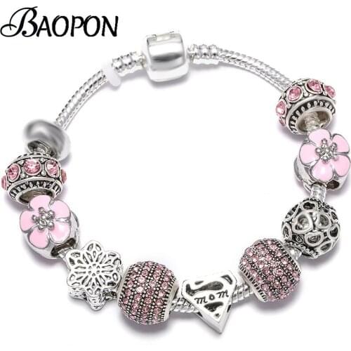 BAOPON Romantic MOM Charm Bracelet For Women Mother With Flower MOM Beads Fit Original Fine Bracelets Bangles Fashion Jewelry