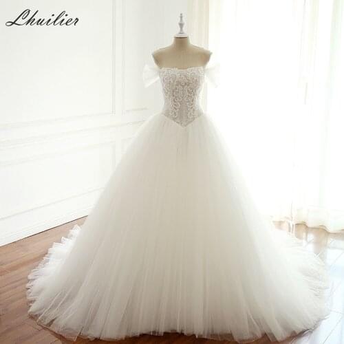 Lhuilier A-line Off the Shoulder Tulle Wedding Dresses 2020 Floor Length Strapless Corset Back Beaded Court Train Bridal Dress