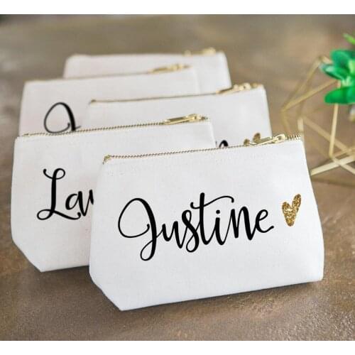Custom Bridal Party Makeup Bag, Wedding Gift for Bridesmaids, Canvas Pouch Name & Glitter Heart Wedding Bridal Gift Cosmetic Bag