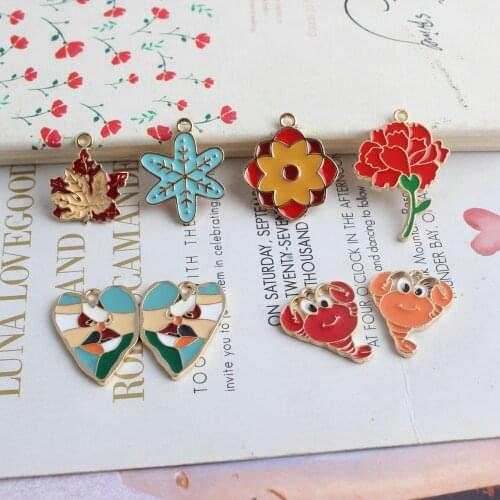 DIY Jewelry Findings Gold Tone 50pcs Love Heart Snowflake Rose Flower Lobster Necklace Pendants Dripping Oil Earring Charms