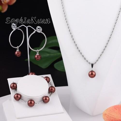 SophiaXuan Stainless Steel Jewelry Sets 3 Pieces Colorful Pearl Bracelets Earrings Necklace Sets for Women Girls Gift New trendy