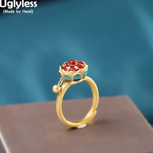 Uglyless Spinning Prayer Wheel Tibet Jewelry for Women High Temperature Burned Enamel Lotus Table Rings Agate Jewelry 925 Silver