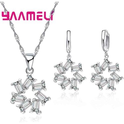 Brand Design 925 Sterling Silver CZ Zircon Statement Necklaces Earring Set Geometric Women Bridal Wedding Jewelry Sets