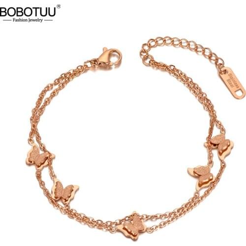 BOBOTUU New Bohemia Titanium Stainless Steel Butterfly Charm Bracelet For Women Double Layer CZ Crystal Beach Jewelry BB20084